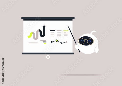 In a modern setting, an AI assistant professor presents big data trend analysis using a digital screen, The robot engages the audience with captivating visuals and informative graphs
