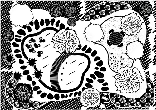 Plan de Jardin Pelouse Plan d'Eau Plantations Mobilier Esquisse en Noir et Blanc
