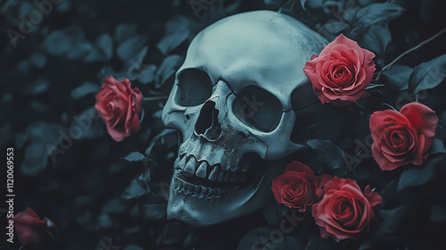 Vintage skull roses memento mori black background photography - gothic dark art still life. Oblivion. Illustration