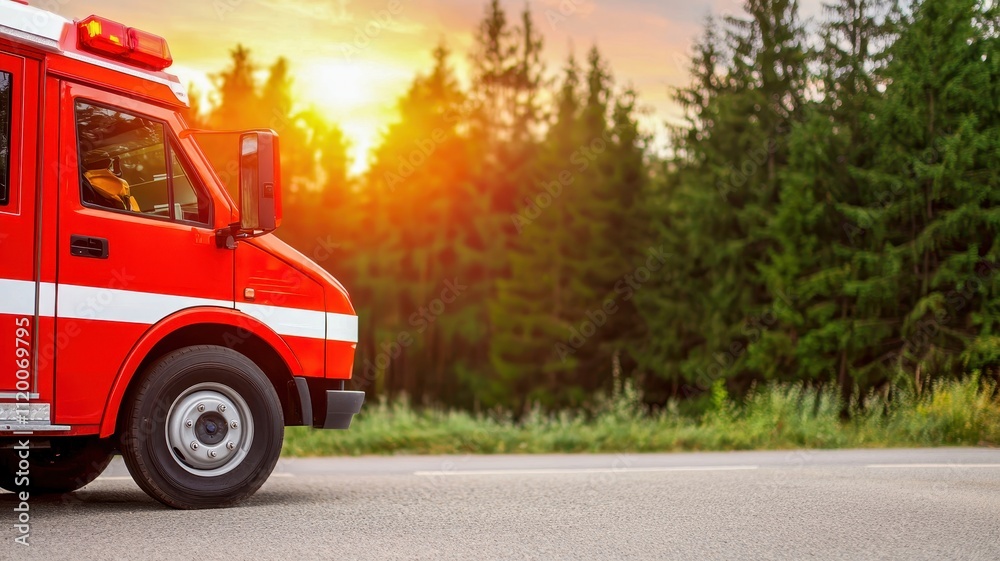 Obraz premium For emergency protocols, An emergency red ambulance on the road at sunset, surrounded by lush trees, symbolizing healthcare and urgency.