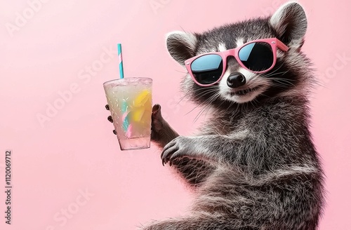 A charming raccoon in sunglasses, sipping a drink, relishing a holiday, with a studio banner and space for text on the side. Stock image. photo