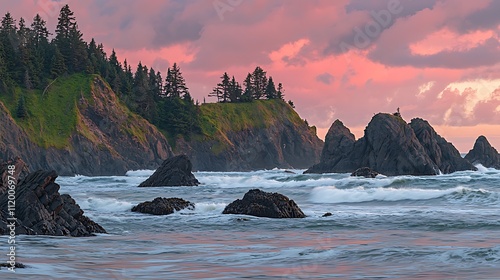 Dramatic sunset over rocky ocean coastline with waves crashing against dark rocks and lush green cliffs.