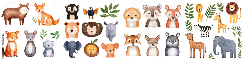 Obraz premium Cute animal embroidery designs featuring various wildlife and plants, isolated on transparent background.