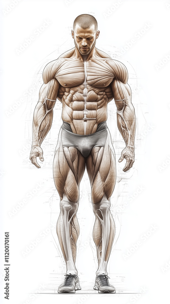 Anatomical study of a muscular man in full-length front view Anatomical study of a muscular man in full-length front view