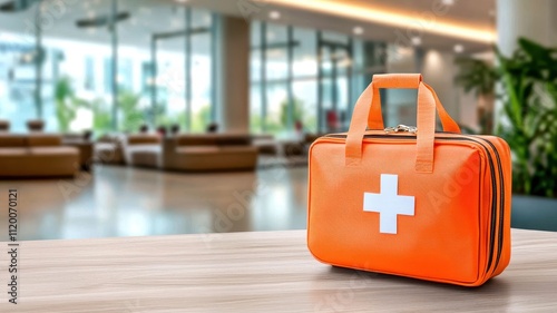 For emergency protocols, Bright orange first aid kit placed on a table in a modern and spacious interior environment.