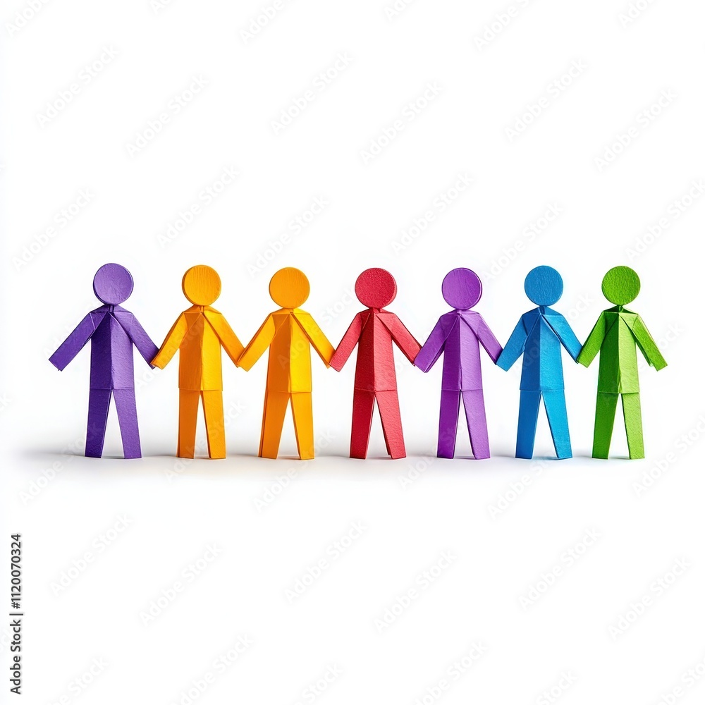 Colorful paper figures holding hands symbolize unity and cooperation among diverse individuals. Colorful paper figures holding hands symbolize unity and cooperation among diverse individuals.