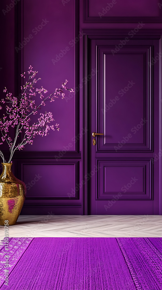 Fototapeta premium Interior background of room with vase with branch and door against beige wall 3d rendering Fireworks Night Deep purple magenta bright gold midnight blue Caricature