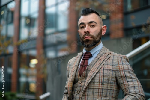 Transgender man in tailored suit posing outside office building