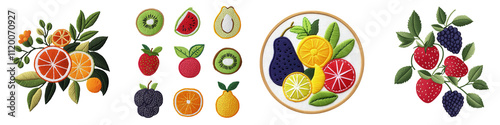Colorful fruit embroidery designs featuring oranges, lemons, and berries, isolated on transparent background.