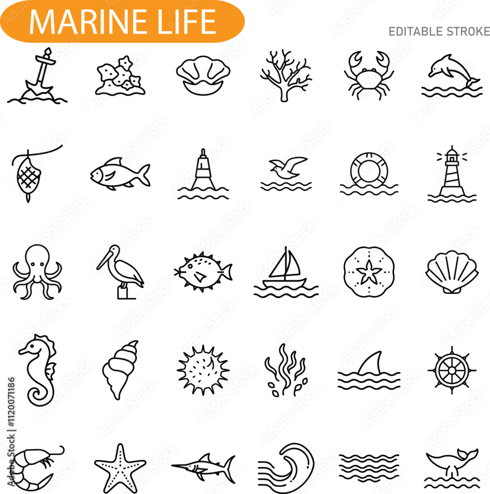 Ocean Life Icons Marine Animals, Shells, and Nautical Symbols Ocean Life Icons Marine Animals, Shells, and Nautical Symbols