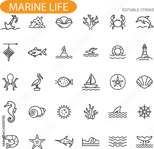Ocean Life Icons Marine Animals, Sea Plants, and Nautical Symbols