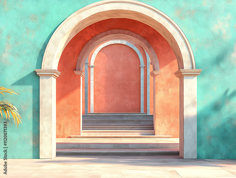 Fototapeta premium 3D rendering of an archway with steps in a peachy orange setting Vintage Poster Mustard teal coral cream Cubism
