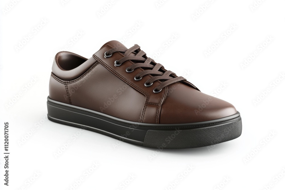 Dark brown leather lace-up running shoes with low tops, thick soles. The laces and black rubber outsole. Sporty look. Men to wear during outdoor activities, hiking. Brown shoes. Trendy Male Boots Pair Dark brown leather lace-up running shoes with low tops, thick soles. The laces and black rubber outsole. Sporty look. Men to wear during outdoor activities, hiking. Brown shoes. Trendy Male Boots Pair