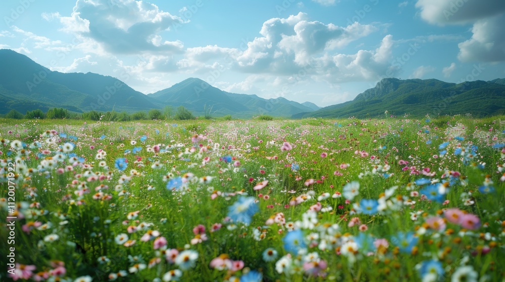 Vibrant Wildflower Field with Rolling Hills in Daylight Vibrant Wildflower Field with Rolling Hills in Daylight