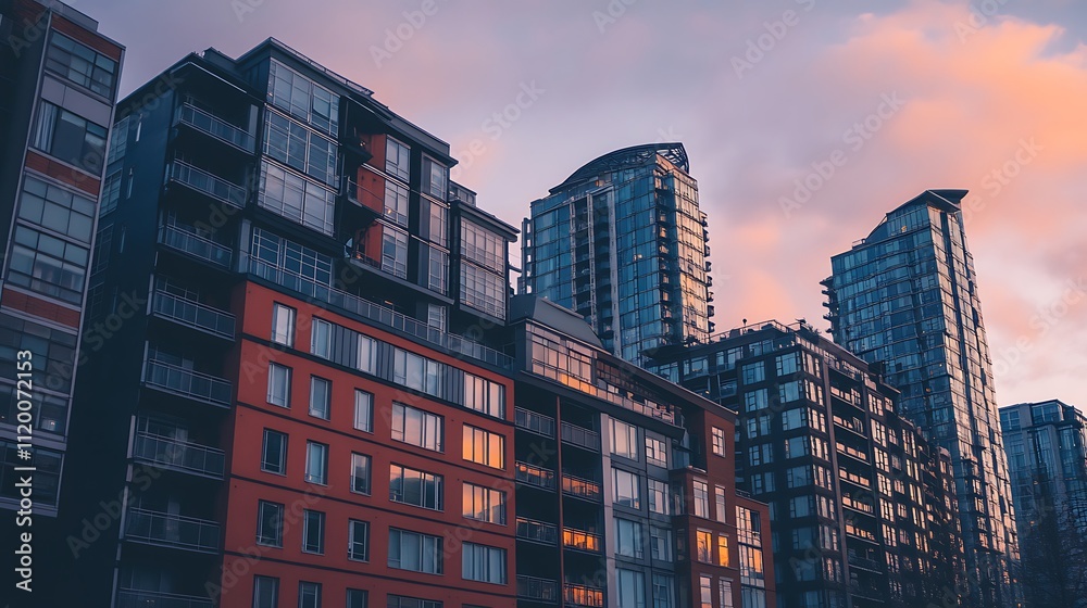 Naklejka premium Modern apartment buildings with glowing windows against a colorful evening sky.