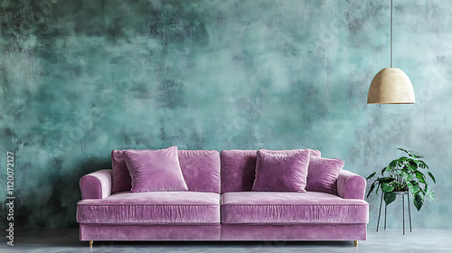  Minimalist home interior design of modern living room Beige velvet sofa and floor lamp against wall with copy space Watercolor Wash Lavender blush mint green pale yellow Art Therapy Style