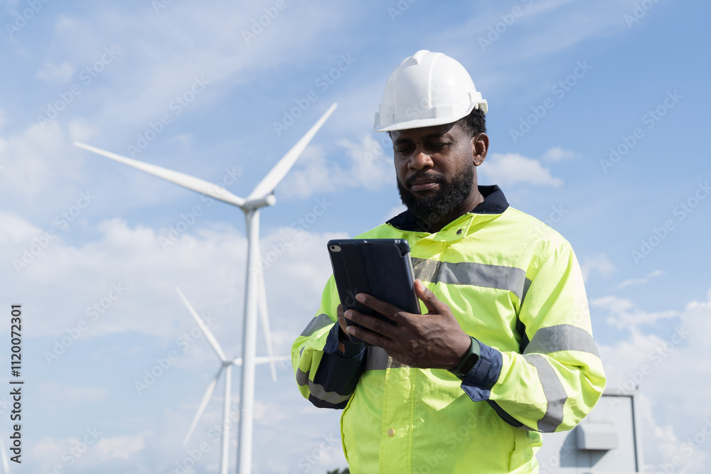 African American male engineer using digital tablet checking system of wind turbine at windmill field farm station. Male engineer monitoring and control windmill system at wind turbines station African American male engineer using digital tablet checking system of wind turbine at windmill field farm station. Male engineer monitoring and control windmill system at wind turbines station