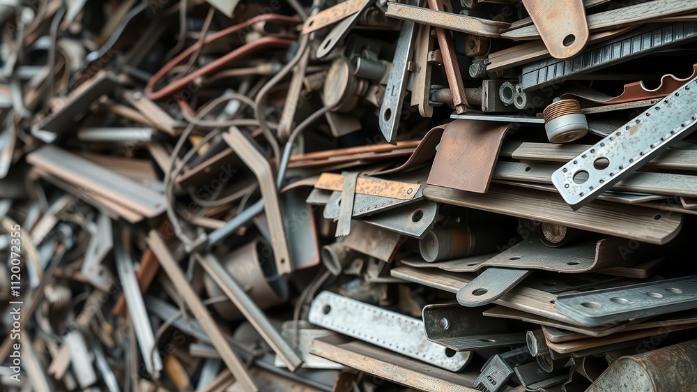 Fototapeta premium Close-up image of various scrap metal pieces stacked for recycling, industry, warehouse, manufacturing
