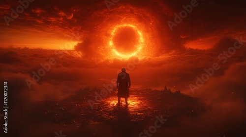 A silhouetted figure stands before a fiery, circular sun in a dramatic sky, surrounded by clouds, evoking a sense of mystery and awe.