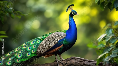 Wallpaper Mural A majestic peacock with vibrant blue and green plumage stands on a branch, displaying its impressive tail feathers. Torontodigital.ca