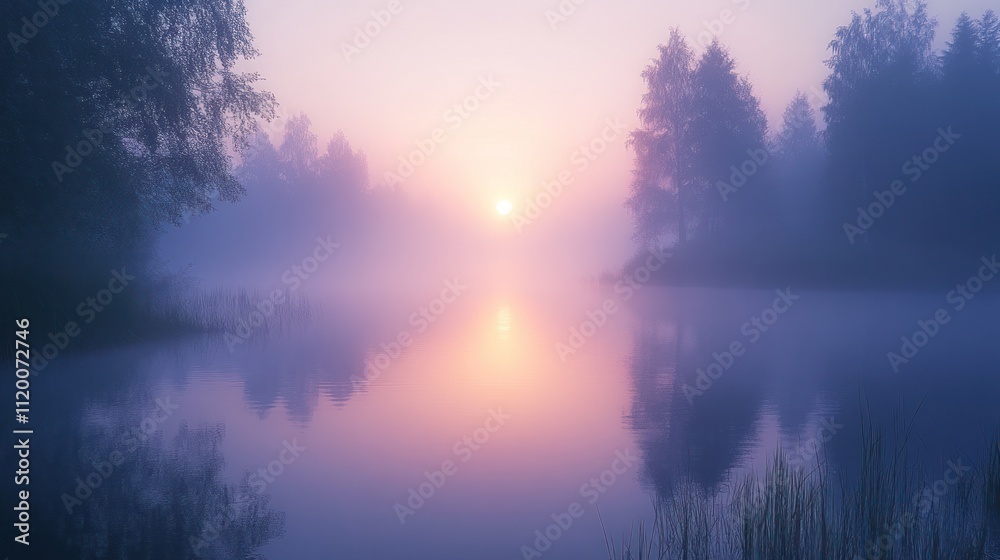Fototapeta premium A misty sunrise over a still lake, with soft pink and purple hues in the sky and water. The sun shines through the fog, illuminating the trees on the shore.