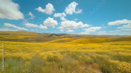 The blue sky and white clouds cover the rapeseed flower field, creating a magnificent scene of yellow flowers blooming on undulating green hills under bright sunshine