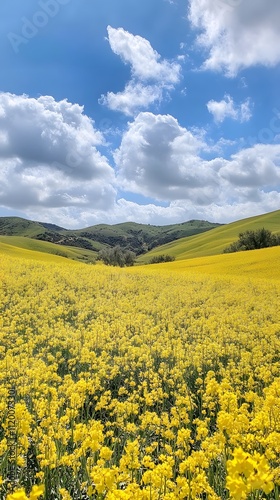 The blue sky and white clouds cover the rapeseed flower field, creating a magnificent scene of yellow flowers blooming on undulating green hills under bright sunshine