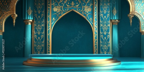 Opulent Teal and Gold Islamic Architecture Interior Design Render: A Luxurious 3D Stage Setting photo