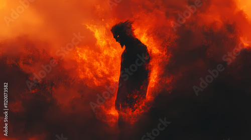 Infernal colossus: a digital painting of a demonic figure amidst a fiery inferno. Oblivion. Illustration
