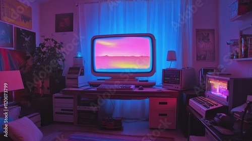 Retro Computer Setup In Vibrant Neon Lighting photo