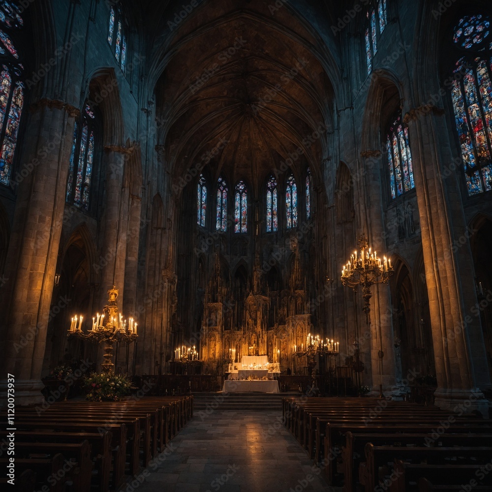 Fototapeta premium A Gothic cathedral glowing with candlelight during an evening mass.