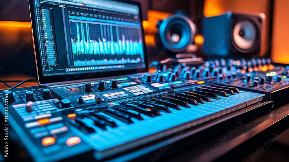 A modern music production setup featuring a laptop with audio editing software open, studio monitors, a keyboard controller, and headphones A modern music production setup featuring a laptop with audio editing software open, studio monitors, a keyboard controller, and headphones