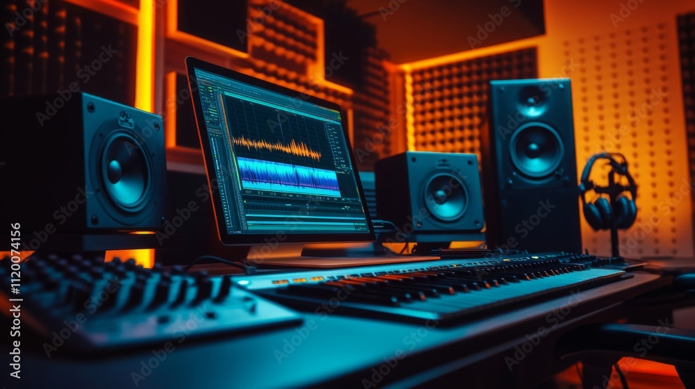 A modern music production setup featuring a laptop with audio editing software open, studio monitors, a keyboard controller, and headphones A modern music production setup featuring a laptop with audio editing software open, studio monitors, a keyboard controller, and headphones