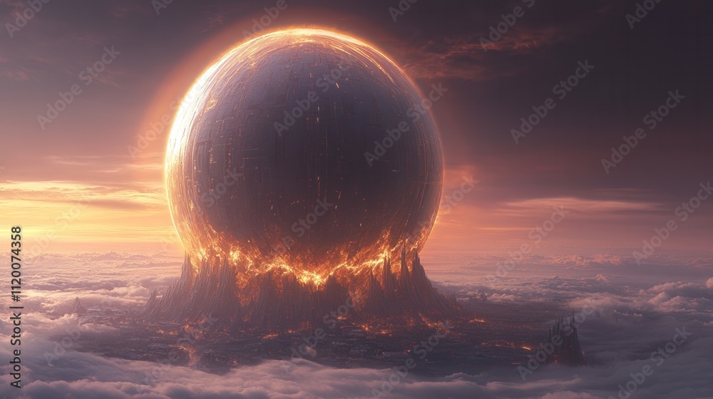 A stunning celestial scene depicting a glowing orb above a mystical landscape, surrounded by clouds and bathed in warm hues of sunset. A stunning celestial scene depicting a glowing orb above a mystical landscape, surrounded by clouds and bathed in warm hues of sunset.