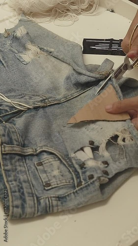 Cutting out a triangle shape from an old denim short to make a recycled handmade Christmas ornament, sustainable holiday season