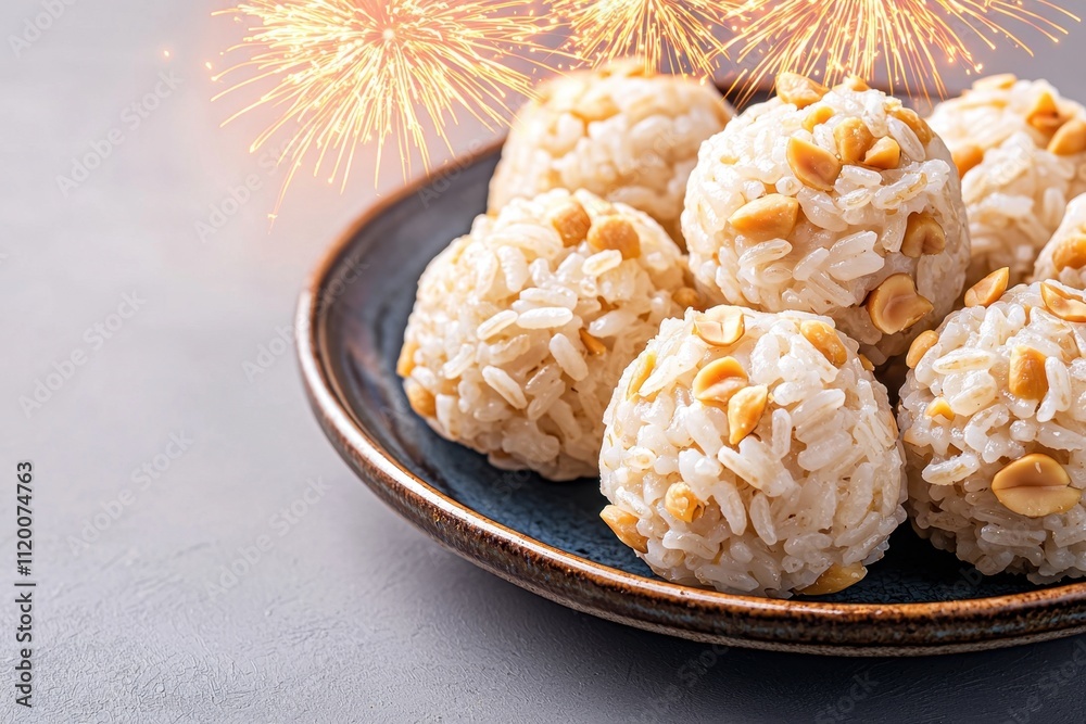 Chinese cuisine and firework celebration concept. Delicious rice balls garnished with peanuts on a dark plate