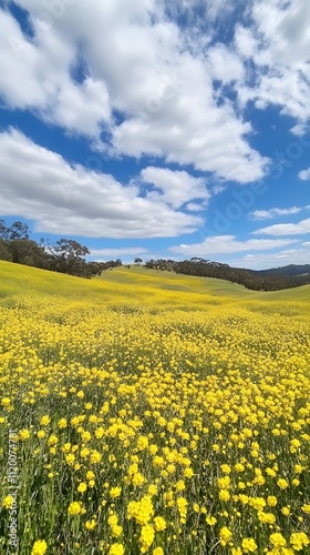 The blue sky and white clouds cover the rapeseed flower field, creating a magnificent scene of yellow flowers blooming on undulating green hills under bright sunshine