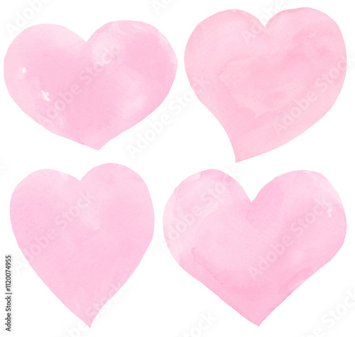Pink Heart Watercolor Texture Brushstrokes Clip Art on Isolated Transparent Background PNG for Text or Copy Space, Collection Set