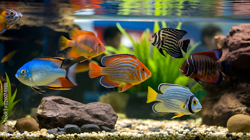beautifull vibrant colorfull  Cichlid fishes swimming in aquarium. Digital artwork. Ai generated