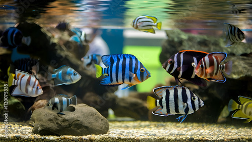 beautifull vibrant colorfull  Cichlid fishes swimming in aquarium. Digital artwork. Ai generated