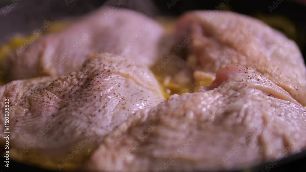 Chicken dish is cooked in a pan with vegetables and onions. Steaming hot dinner. Chicken dish is cooked in a pan with vegetables and onions. Steaming hot dinner.