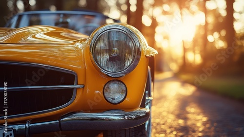 Close-up of a yellow classic car's headlight with a blurred background of a forest road and sunset.