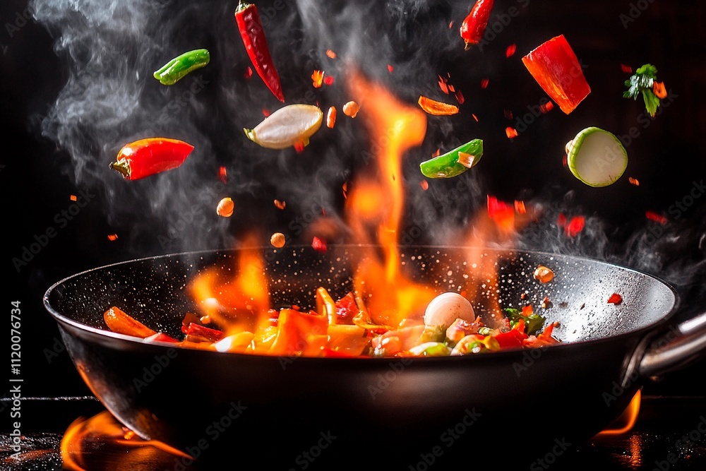 Colorful vegetables and spices dance in fiery wok during cooking. Generative AI Colorful vegetables and spices dance in fiery wok during cooking. Generative AI