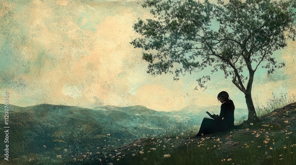 Obraz premium Woman Reading Underneath a Tree in Mountainous Landscape