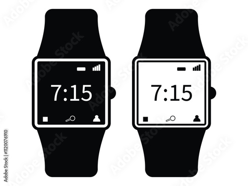 Smartwatch icons. Smart watch icon with clock, battery charge, Wi-Fi and app symbol. Electronic fill and stroke smartwatch mobile device screen. Web icon for mobile and ui design. Vector illustration.