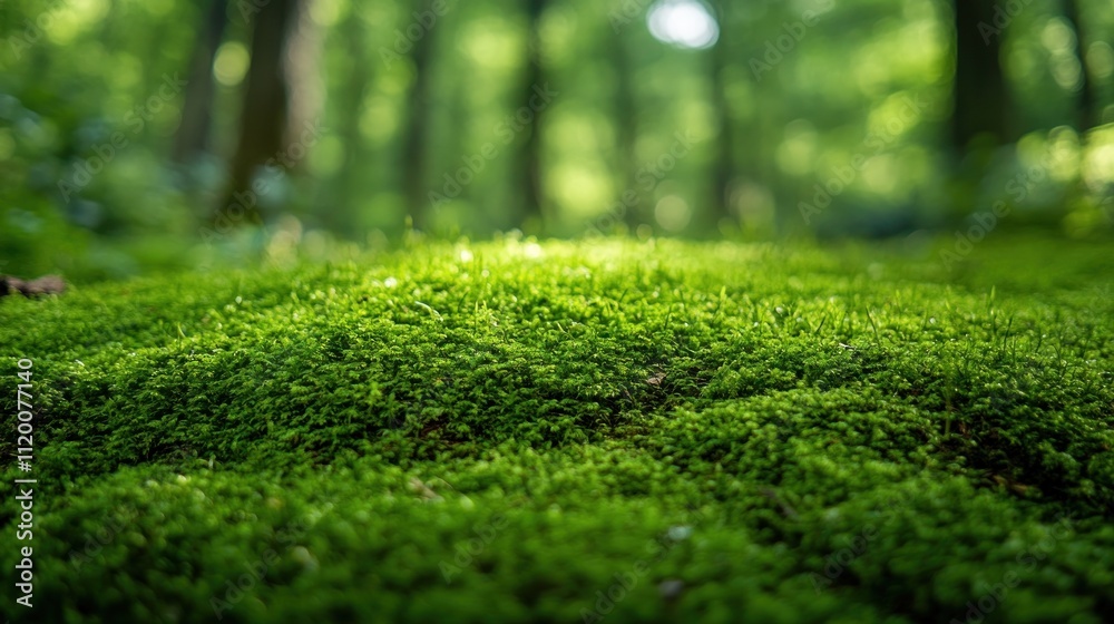 Naklejka premium A serene forest scene featuring lush green moss covering the ground.
