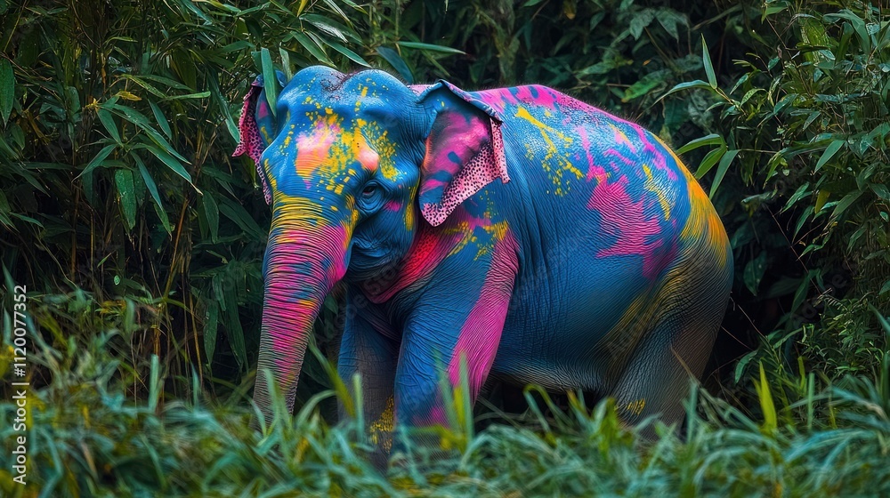 Obraz premium A colorful elephant in a lush green environment, showcasing vibrant body art.