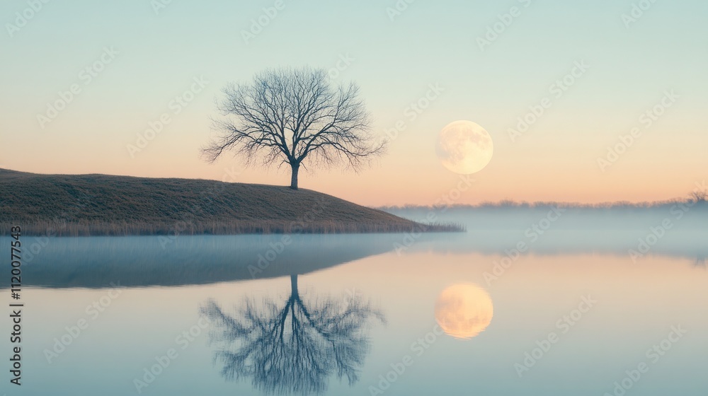 Fototapeta premium A serene landscape featuring a tree, moon, and calm water reflecting the tranquil scene.