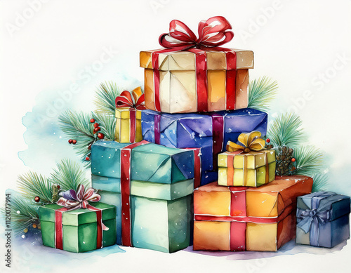 A pile of watercolor christmas present boxes.
