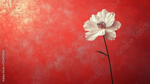 Single White Flower Against Red Textured Background